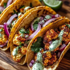 Cauliflower Tacos topped with Cilantro Lime Cream on a plate