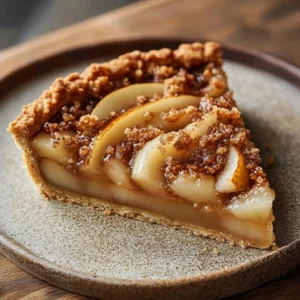 Chai Spiced Pear Almond Crumble Tart garnished with fresh pears and spices