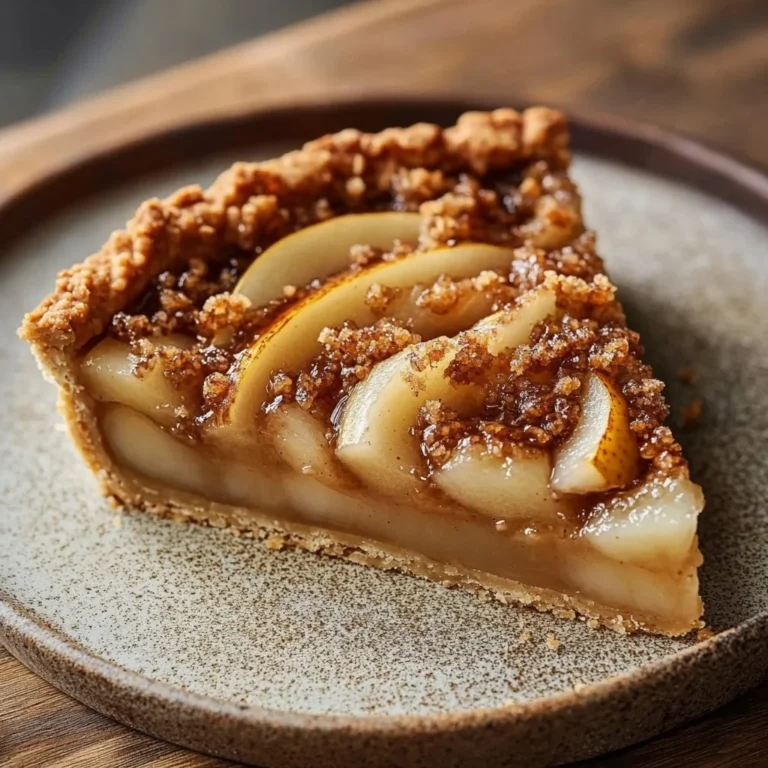 Chai Spiced Pear Almond Crumble Tart garnished with fresh pears and spices