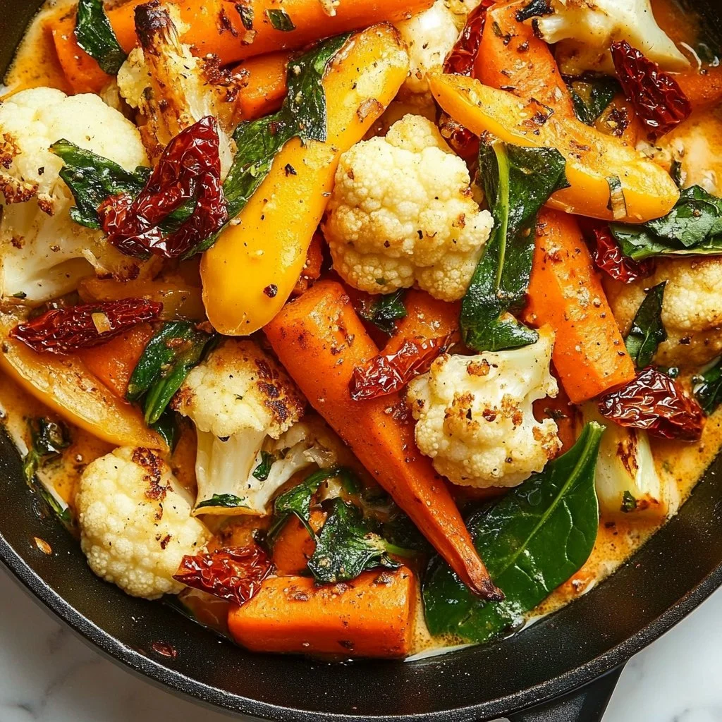 Cheesy Marry Me Roasted Vegetable Medley featuring colorful veggies and cheese