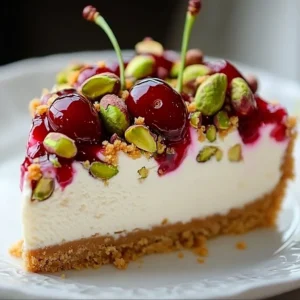 Slice of Cherry Pistachio Cheesecake with vibrant cherry topping and pistachio crust