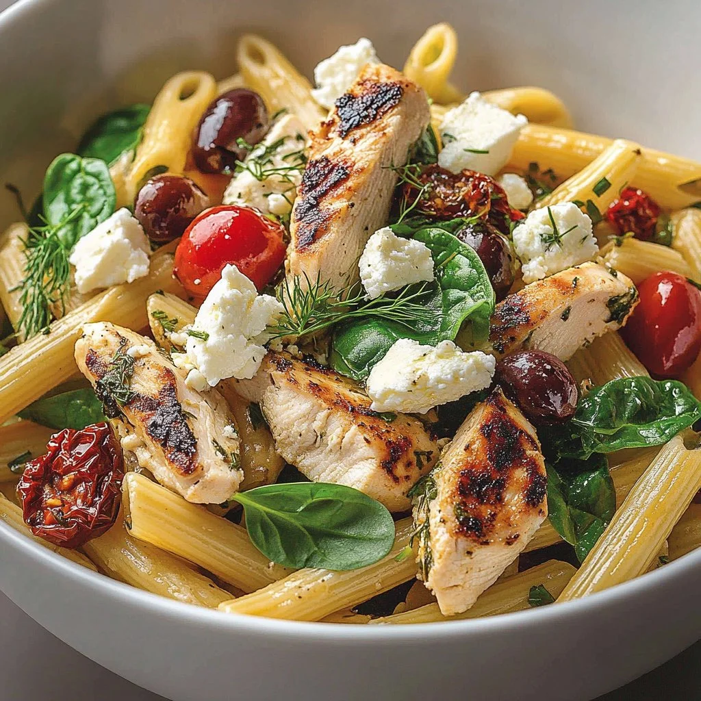 Creamy Chicken Feta Pasta with spinach and tomatoes topped with fresh herbs