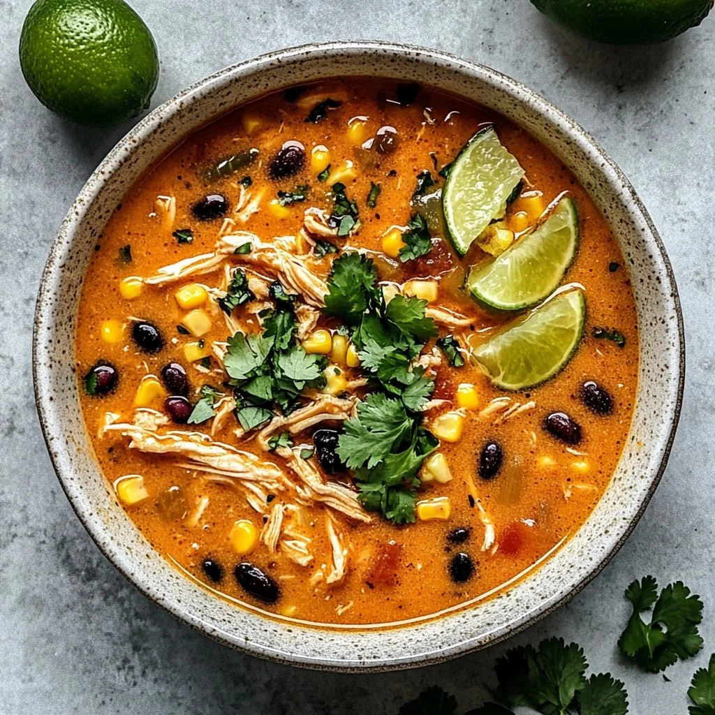 Bowl of creamy Chicken Poblano Soup with chicken and roasted poblano peppers