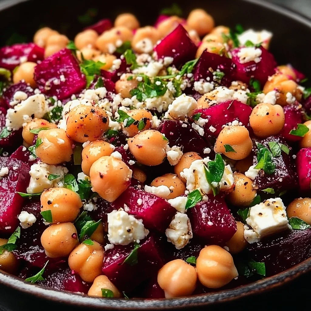 Chickpea salad with beet and feta served in a bowl
