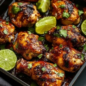 Plate of spicy and tangy Chili Lime Chicken garnished with fresh herbs