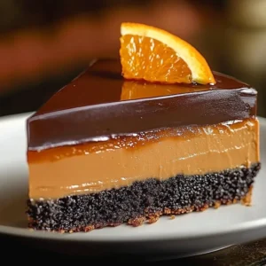 Slice of delicious Chocolate Orange Cheesecake garnished with orange slices and chocolate drizzle