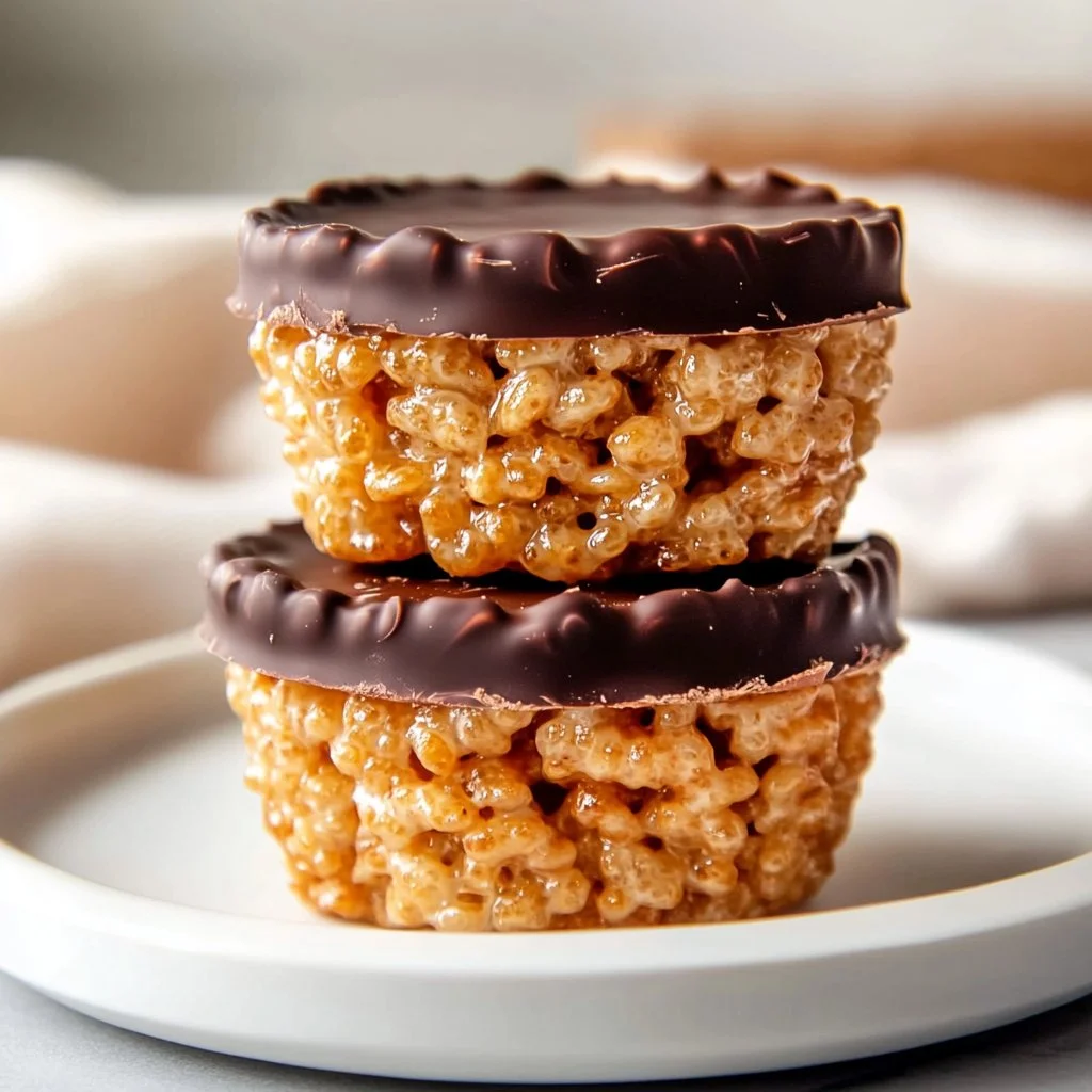 Delicious Chocolate Peanut Butter Rice Krispie Cups topped with chocolate drizzle.