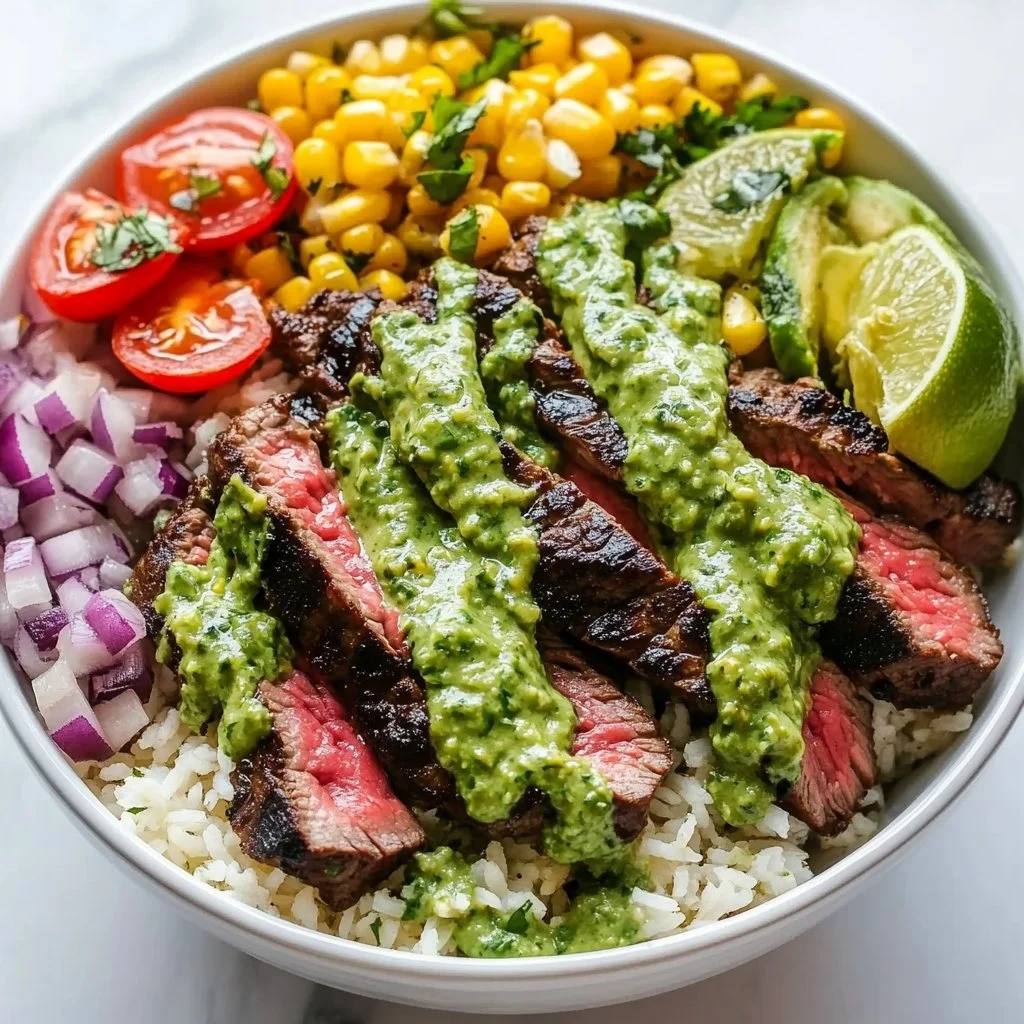 Cilantro lime steak bowls topped with fresh ingredients and lime wedges