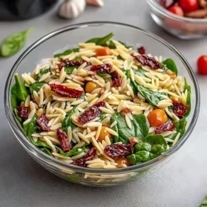 Classic balsamic orzo salad with fresh vegetables and dressing