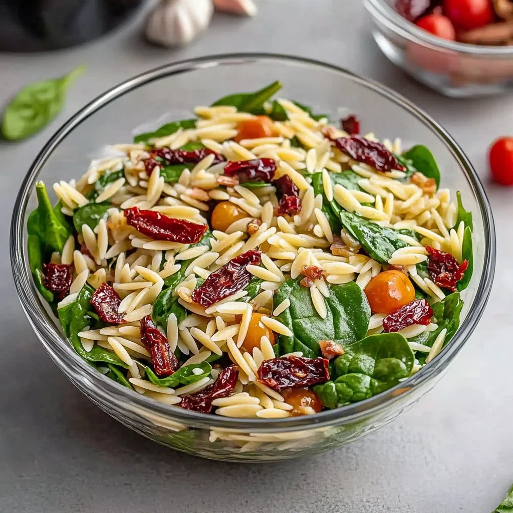 Classic balsamic orzo salad with fresh vegetables and dressing