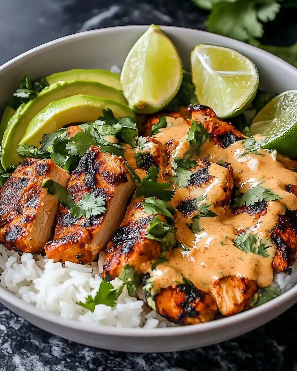 Coconut Chicken Rice Bowl with fresh vegetables and a creamy coconut sauce