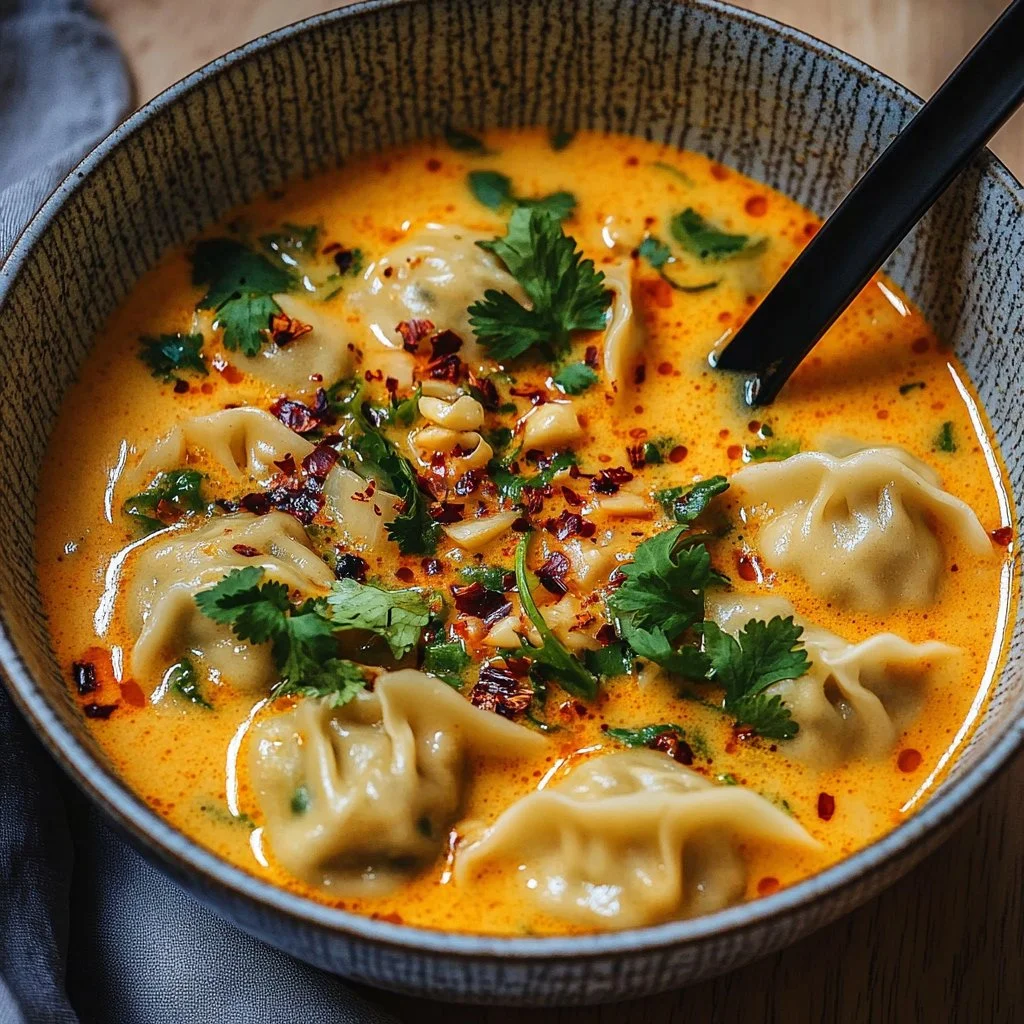 Bowl of coconut curry soup with dumplings, garnished and ready to serve.