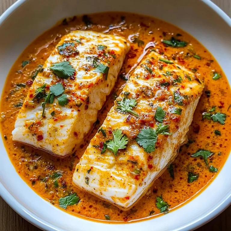 Cod fillets in roasted red pepper sauce served on a plate.