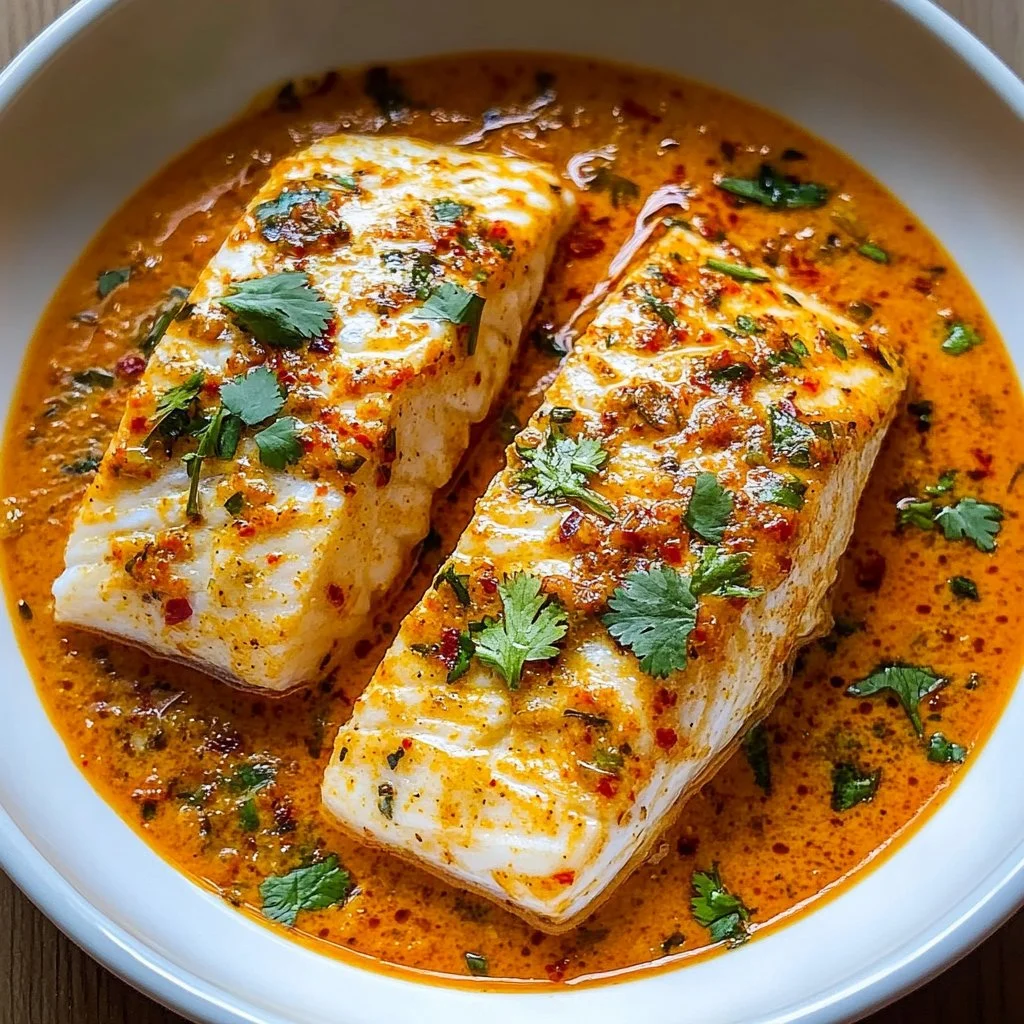 Cod fillets in roasted red pepper sauce served on a plate.