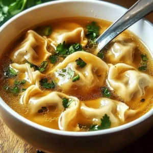 Bowl of comforting Thai potsticker soup with fresh herbs and dumplings.