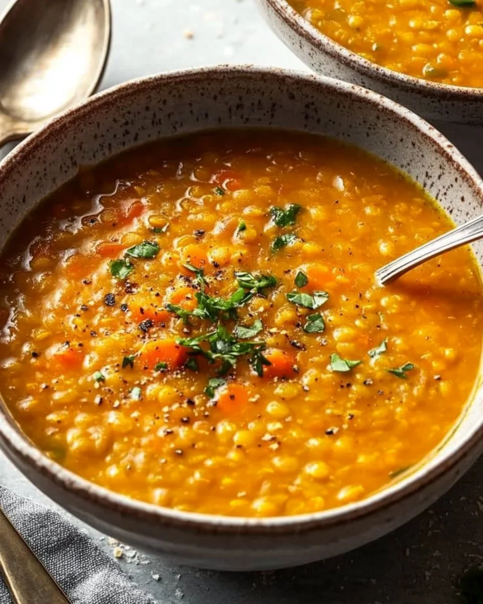 Bowl of cozy anti-inflammatory lentil soup with fresh herbs and spices.