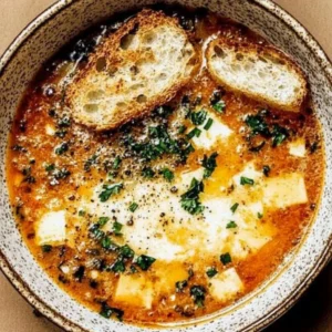Bowl of Spanish garlic soup garnished with fresh parsley and crusty bread