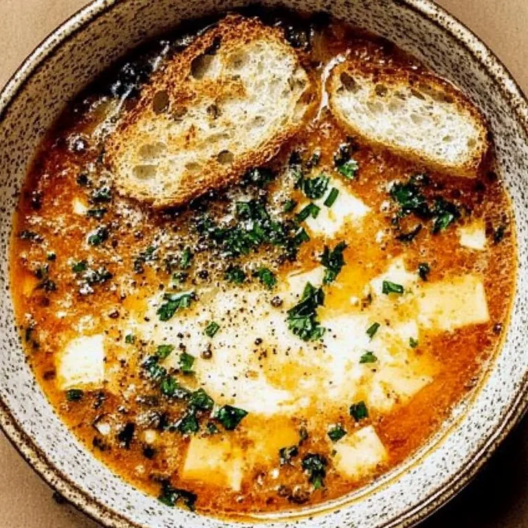 Bowl of Spanish garlic soup garnished with fresh parsley and crusty bread