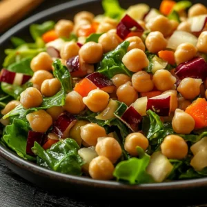 Cranberry walnut chickpea salad drizzled with orange vinaigrette on a serving plate.