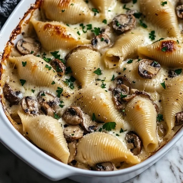 Creamy garlic mushroom stuffed shells topped with herbs and cheese
