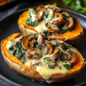 Creamy mushroom and spinach stuffed sweet potatoes plated and garnished