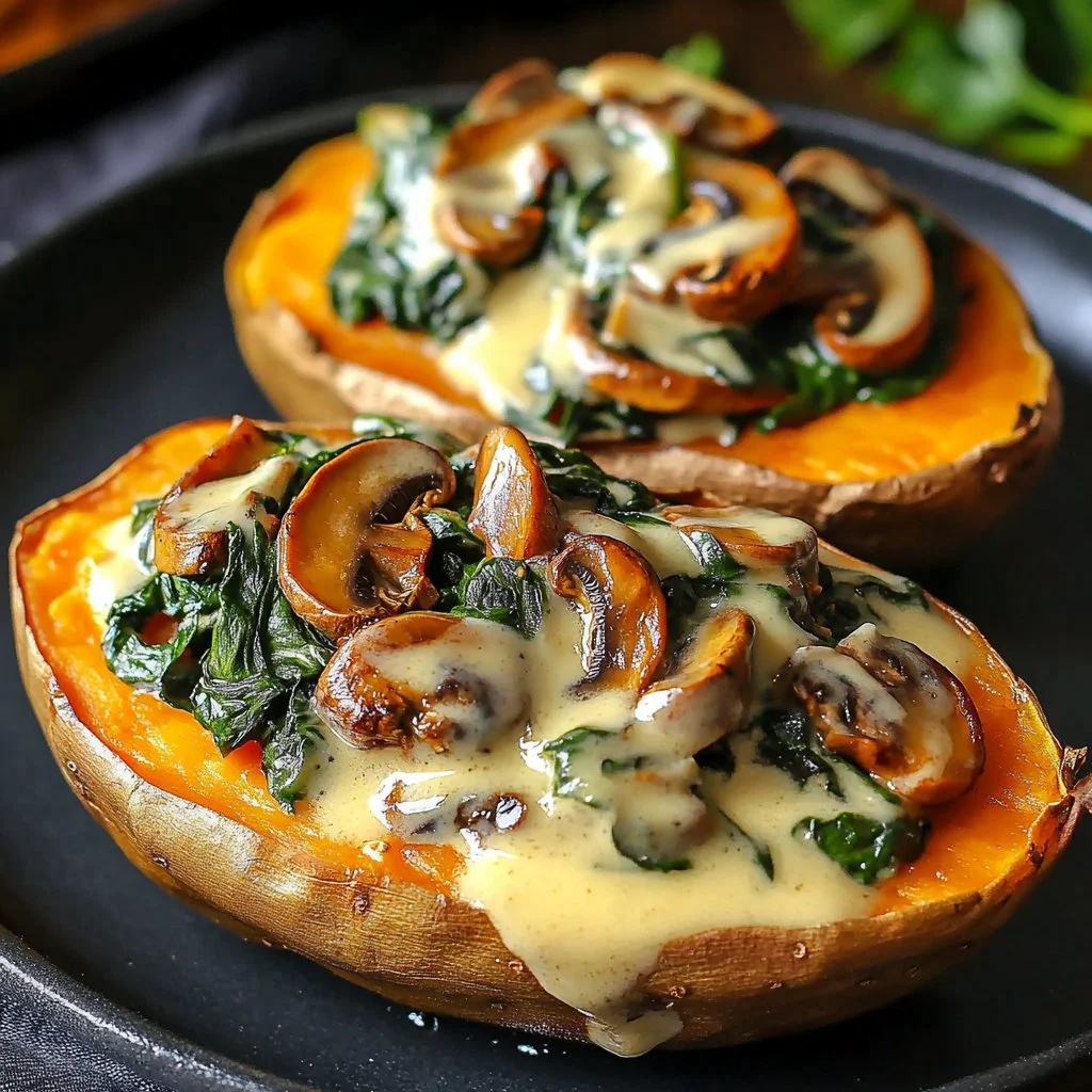 Creamy mushroom and spinach stuffed sweet potatoes plated and garnished