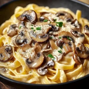 Creamy mushroom gruyere pasta served in a bowl with fresh parsley