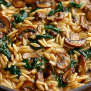 Bowl of creamy orzo with fresh spinach and sautéed mushrooms