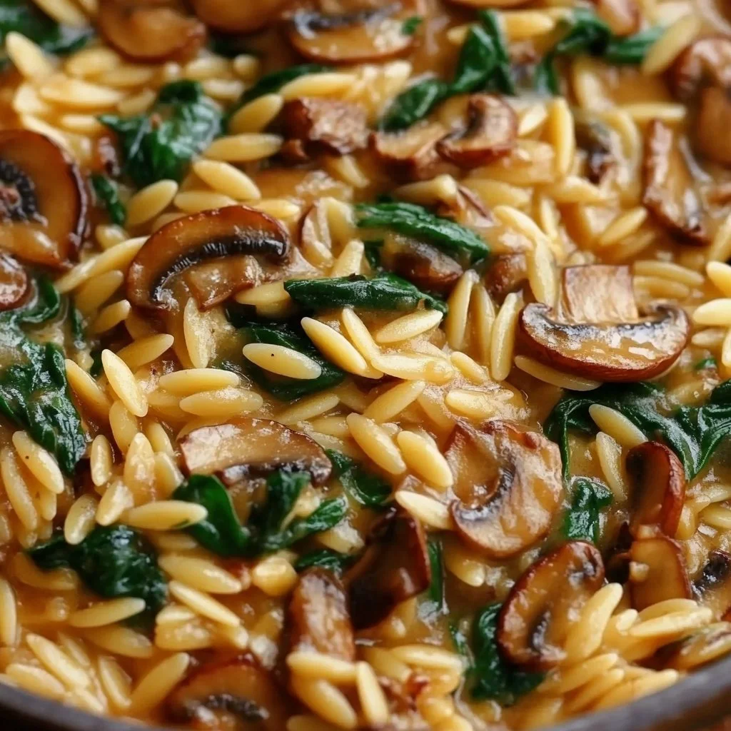 Bowl of creamy orzo with fresh spinach and sautéed mushrooms