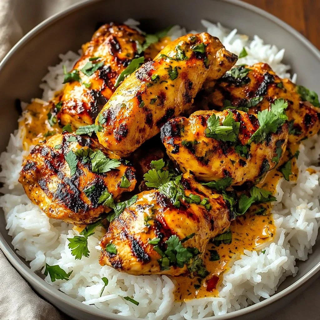 Creamy peri-peri chicken served with rice, showcasing vibrant flavors and spices.