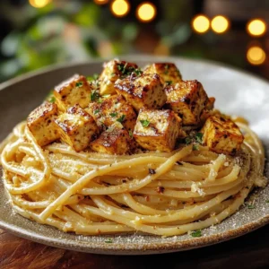 Creamy vegan carbonara with cashew cream and smoked tofu served in a bowl