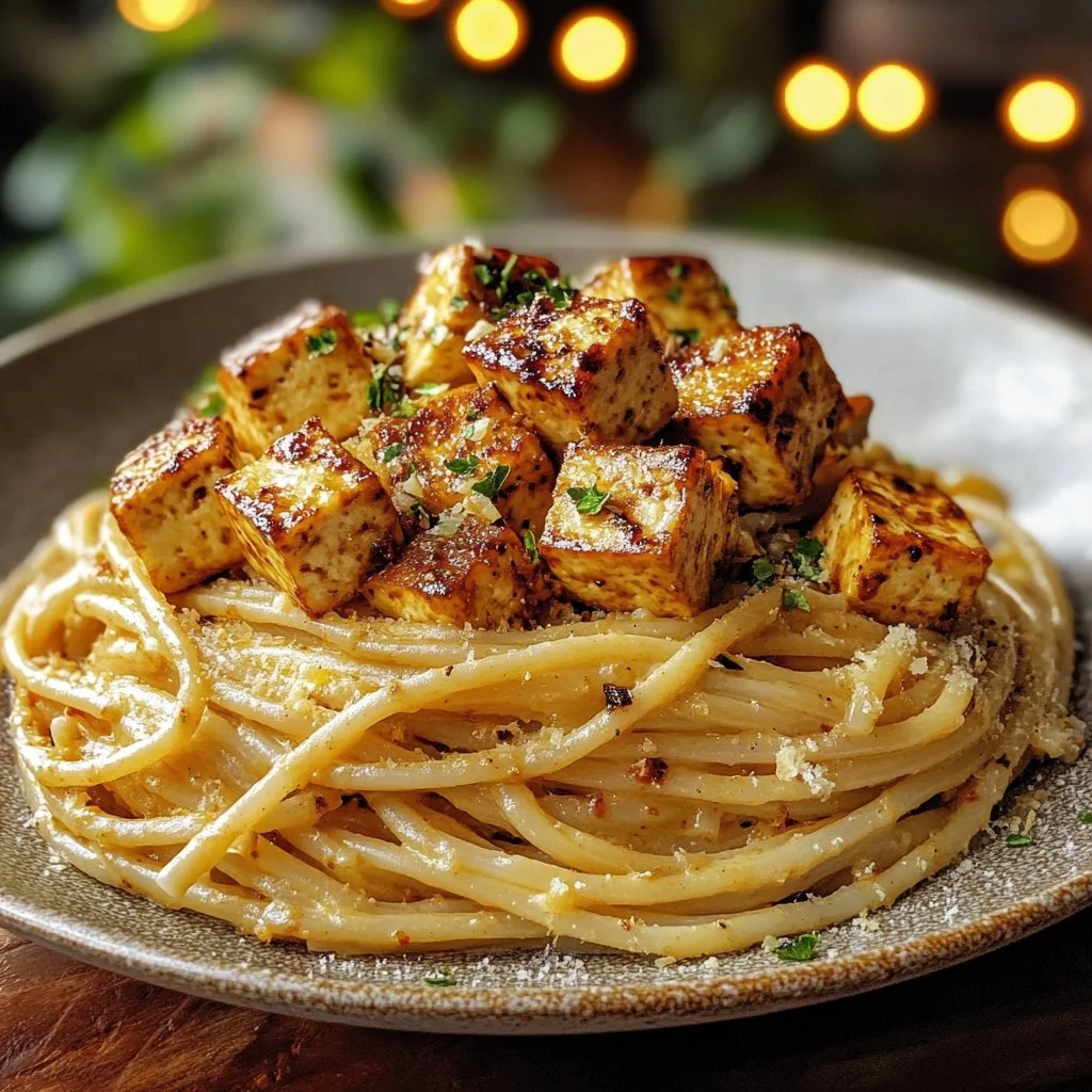 Creamy vegan carbonara with cashew cream and smoked tofu served in a bowl