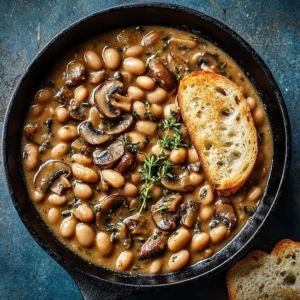 Delicious creamy white bean and mushroom skillet ready for dinner