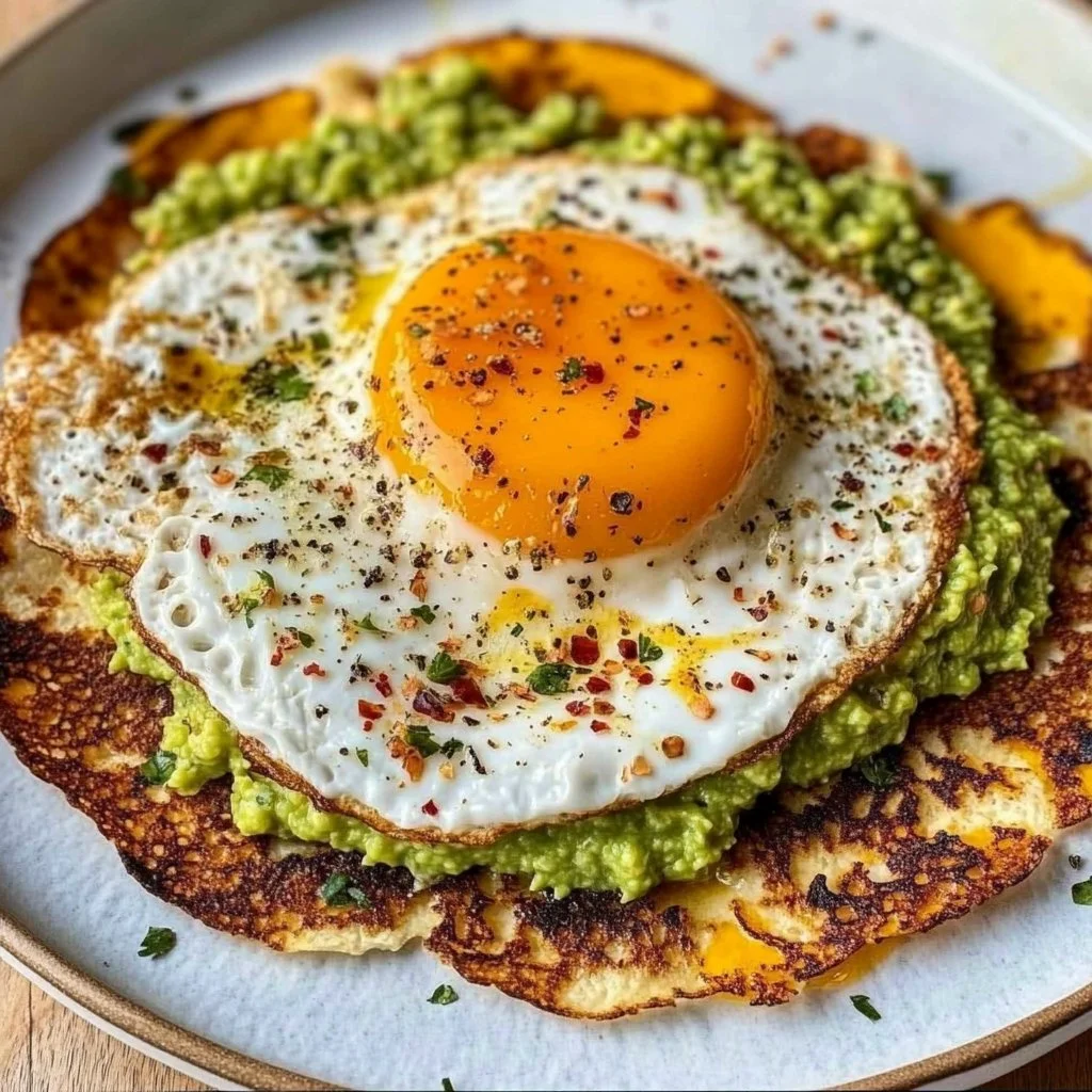 Crispy feta fried eggs served on a plate, topped with herbs and spices.