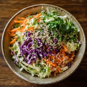 Bowl of Crunchy Asian Cabbage Slaw with Sesame Dressing.