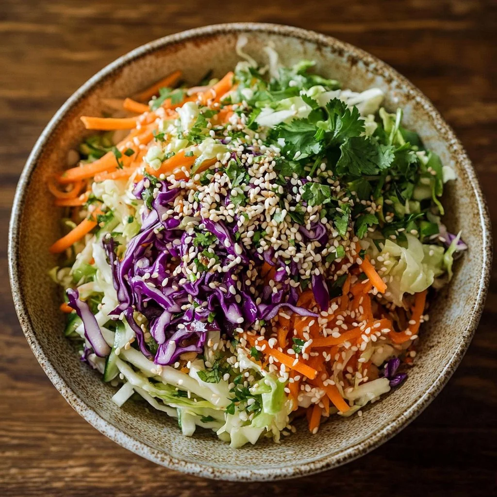 Bowl of Crunchy Asian Cabbage Slaw with Sesame Dressing.
