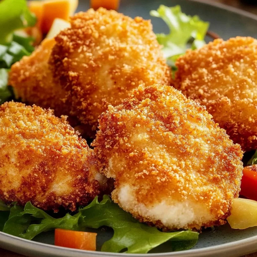Plate of crunchy coconut chicken with a side of dipping sauce