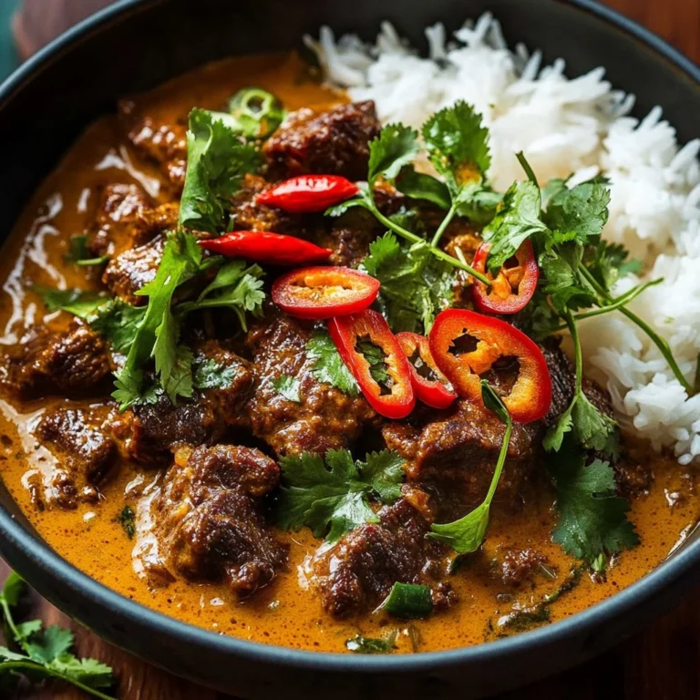 Curried beef and mushrooms topped with creamy peanut sauce and mango salsa in a bowl.