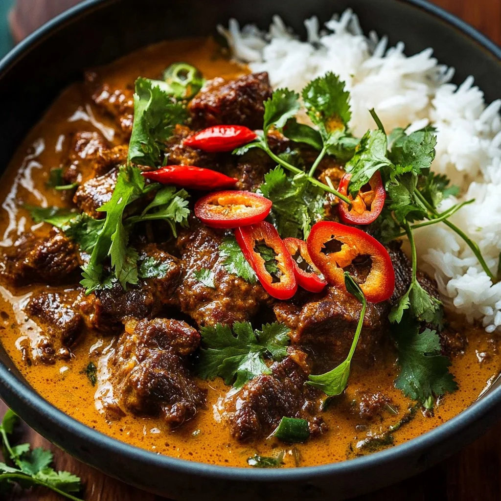 Curried beef and mushrooms topped with creamy peanut sauce and mango salsa in a bowl.