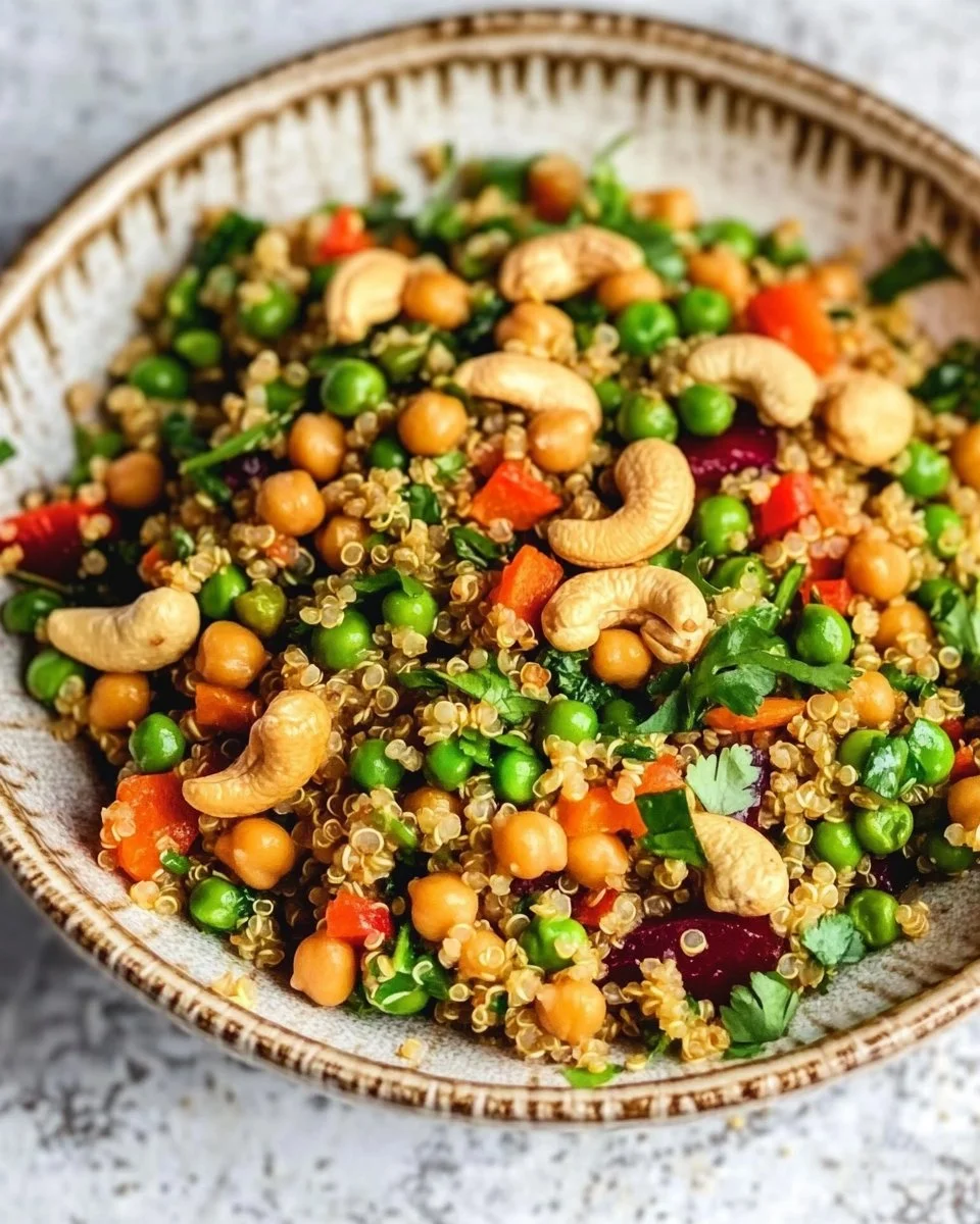 Curry Cashew Chickpea Quinoa Salad in a colorful bowl with fresh ingredients