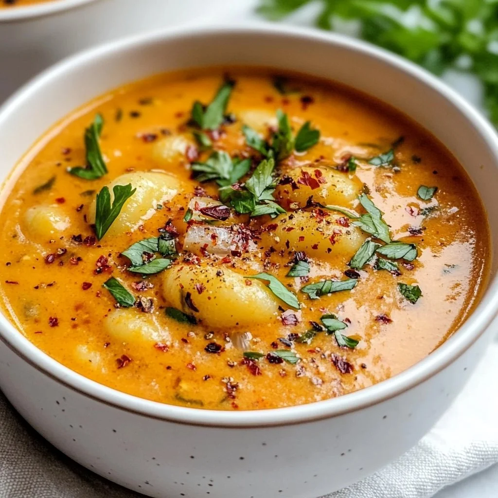 Bowl of dairy-free sun dried tomato gnocchi soup garnished with herbs