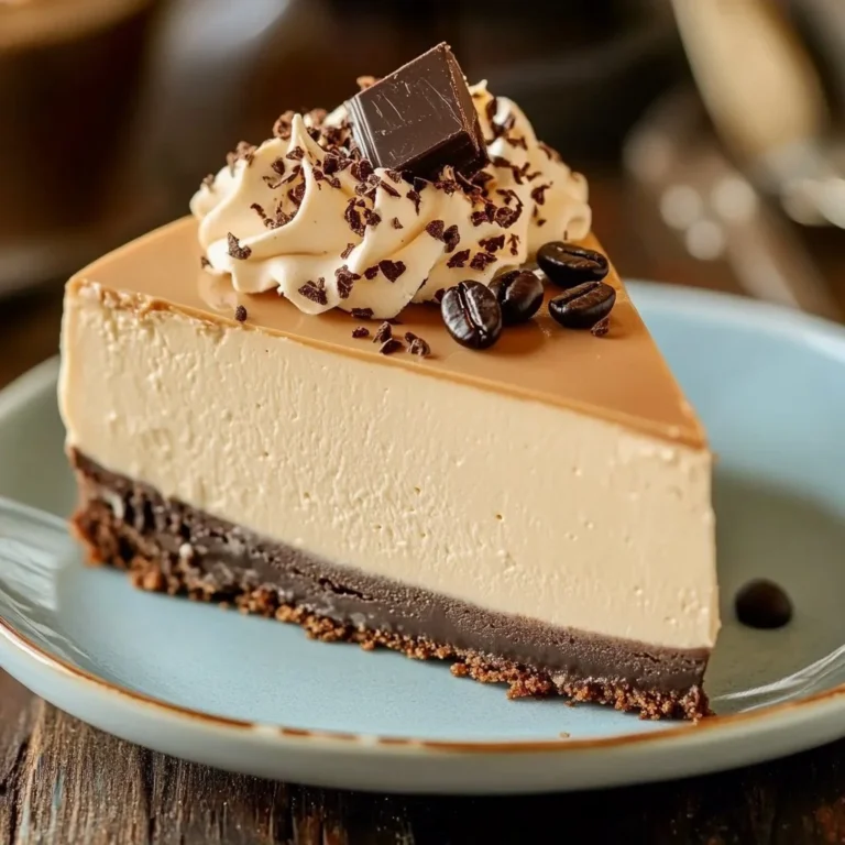 Decadent coffee cheesecake slice on a plate with coffee beans and chocolate drizzle