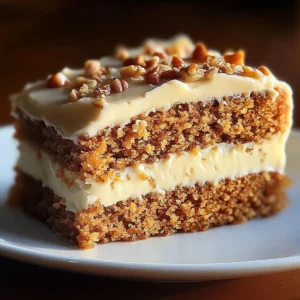 Delicious slice of flourless oatmeal carrot cake topped with cream cheese frosting.