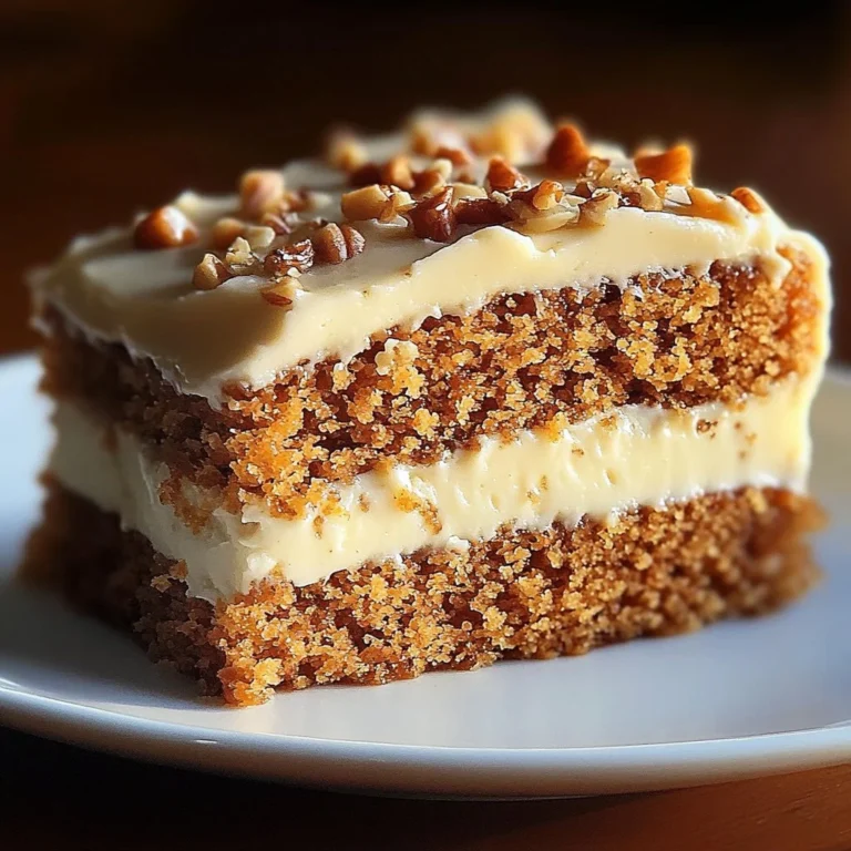 Delicious slice of flourless oatmeal carrot cake topped with cream cheese frosting.