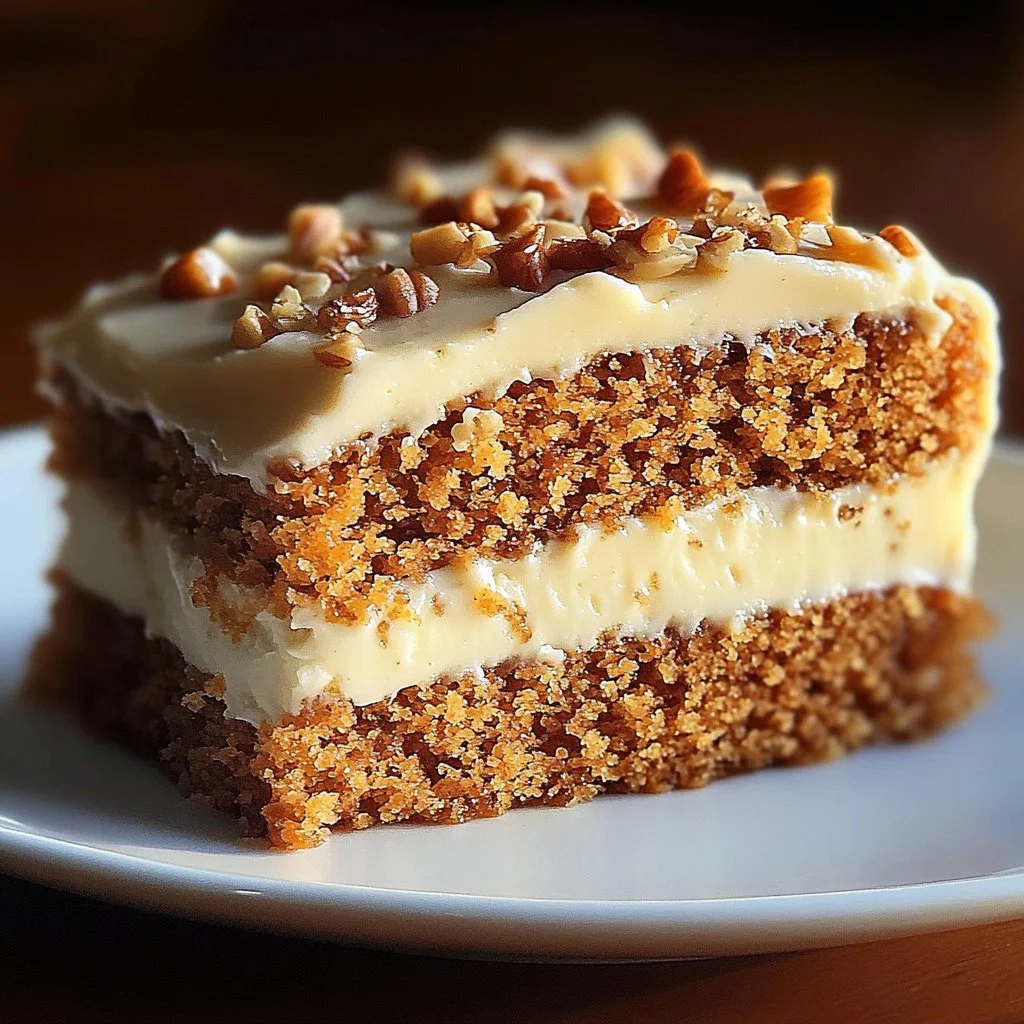 Delicious slice of flourless oatmeal carrot cake topped with cream cheese frosting.
