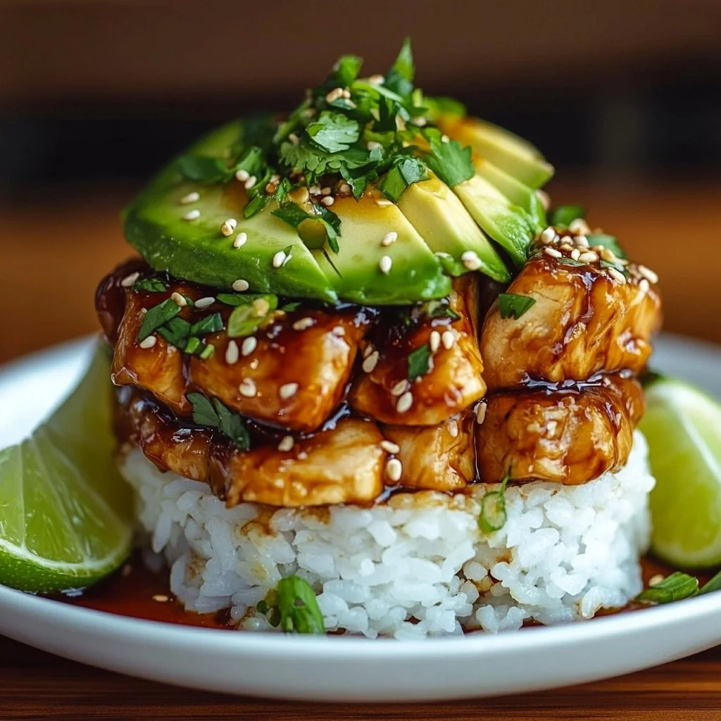 Easy honey lime chicken served with avocado rice stacks