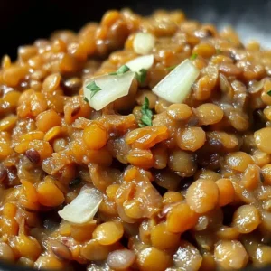 Bowl of flavorful herb garlic lentils made in a slow cooker, garnished with fresh herbs.