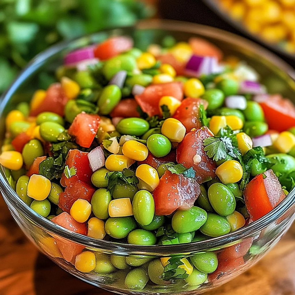 Colorful edamame salad featuring cilantro lime dressing and fresh vegetables
