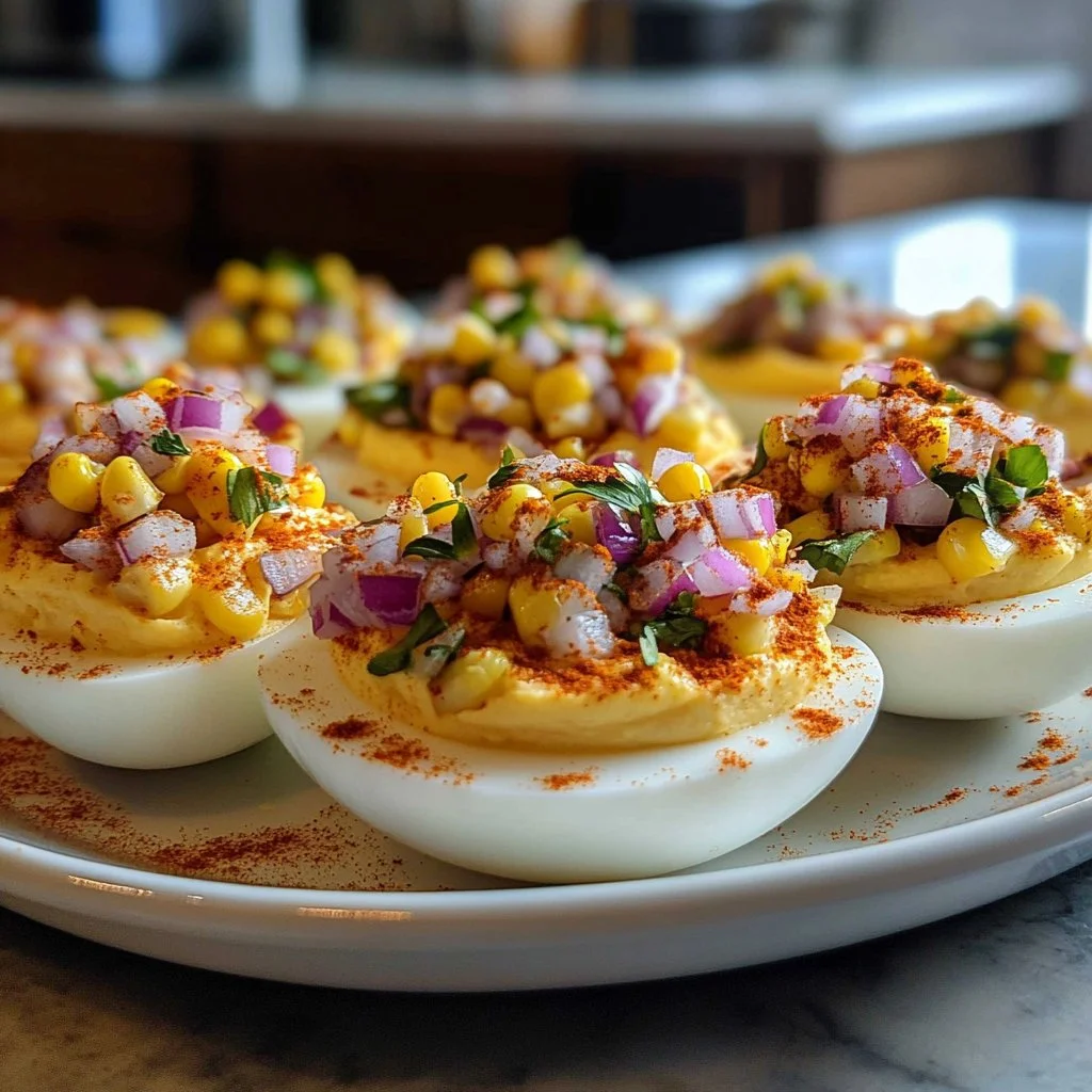 Platter of Elote Deviled Eggs topped with cilantro and chili powder