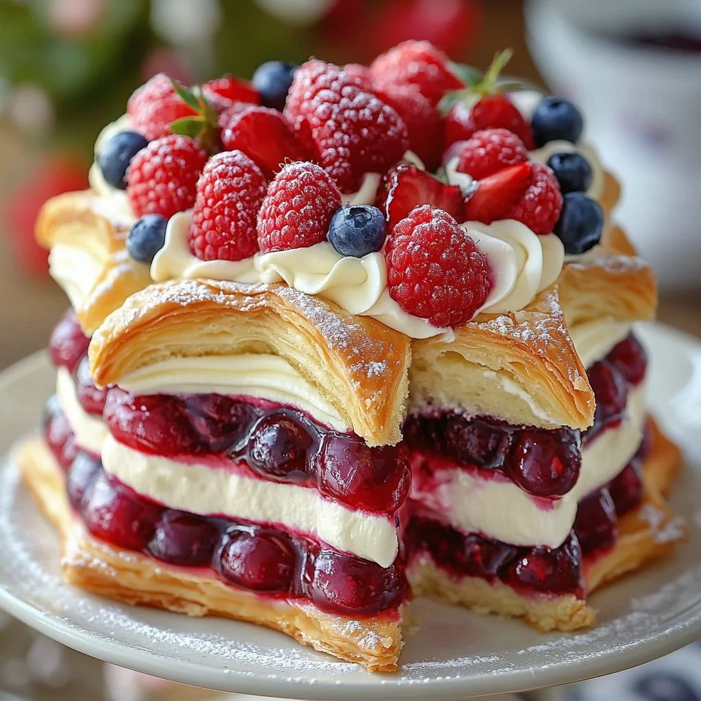 Exquisite berry cream pastry cake topped with fresh berries and cream